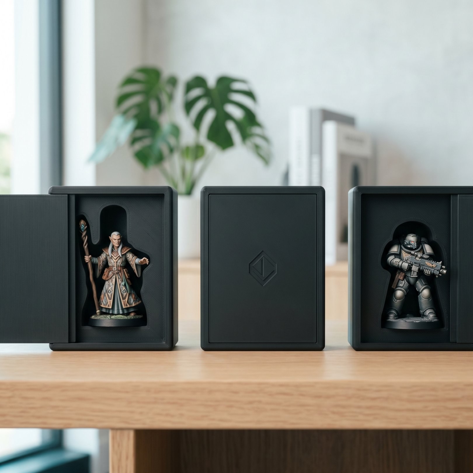 Custom 3D-printed miniature carrying case on display next to a painted tabletop figure